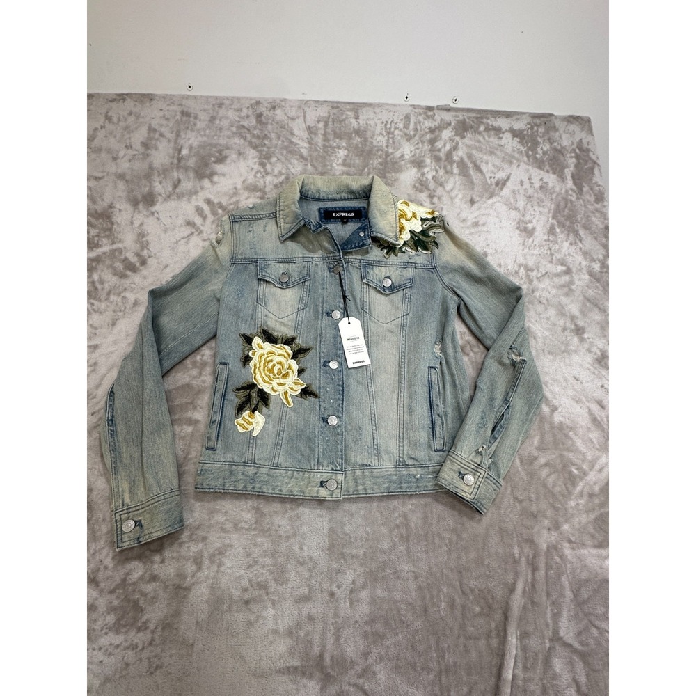 Express Womens M Denim Jacket Floral Patch Distressed Indigo Light Wash NWT